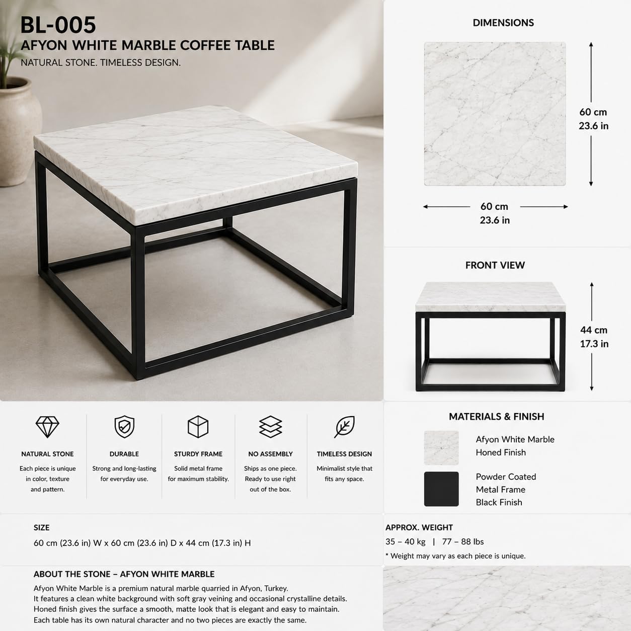 Square Afyon White marble coffee table with black steel frame, 60 cm