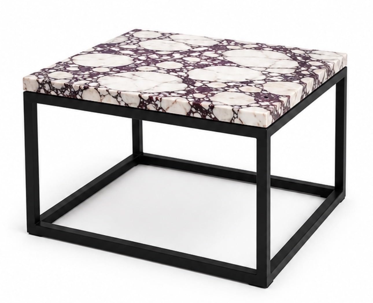 Square Afyon White marble coffee table with black steel frame, 60 cm