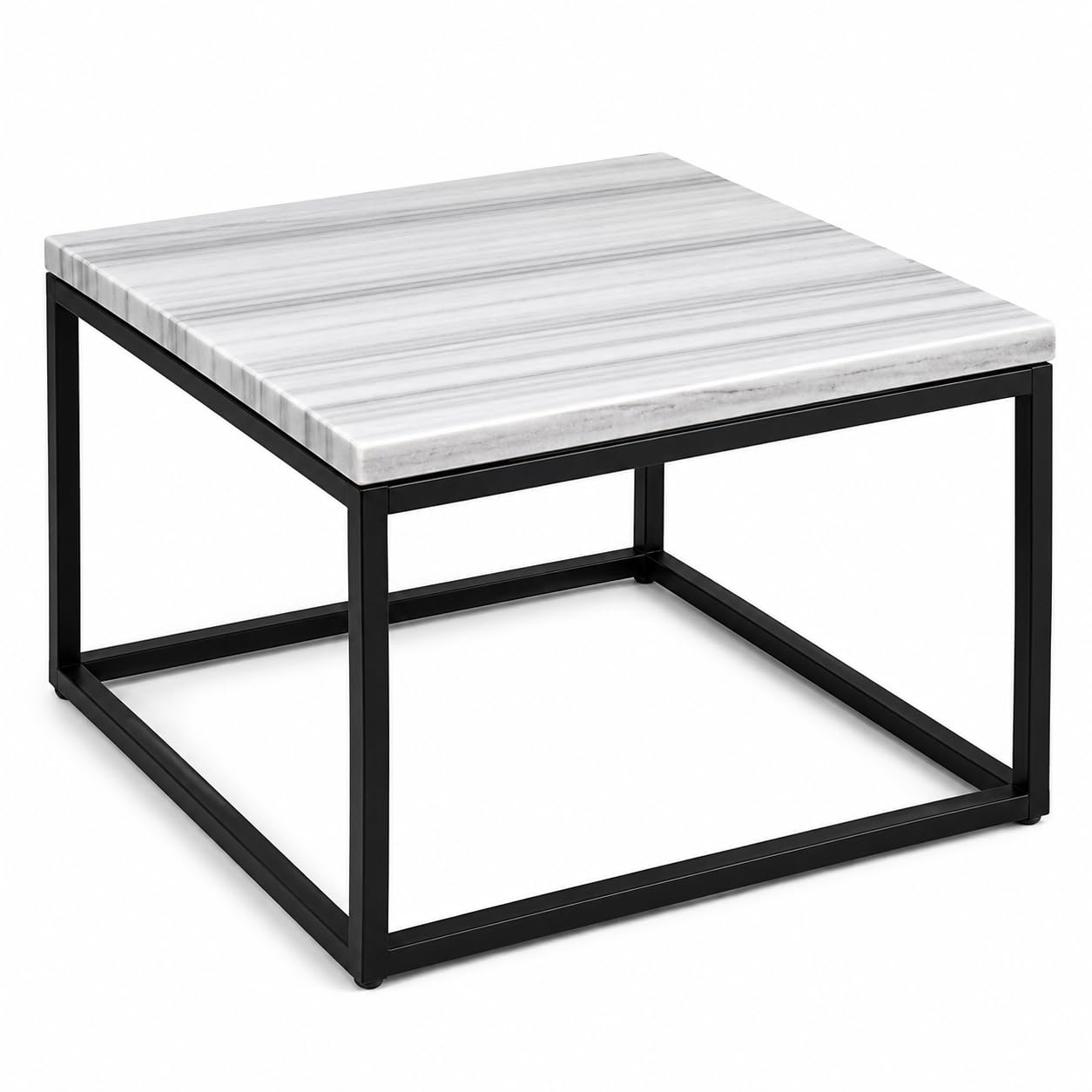 Square Afyon White marble coffee table with black steel frame, 60 cm