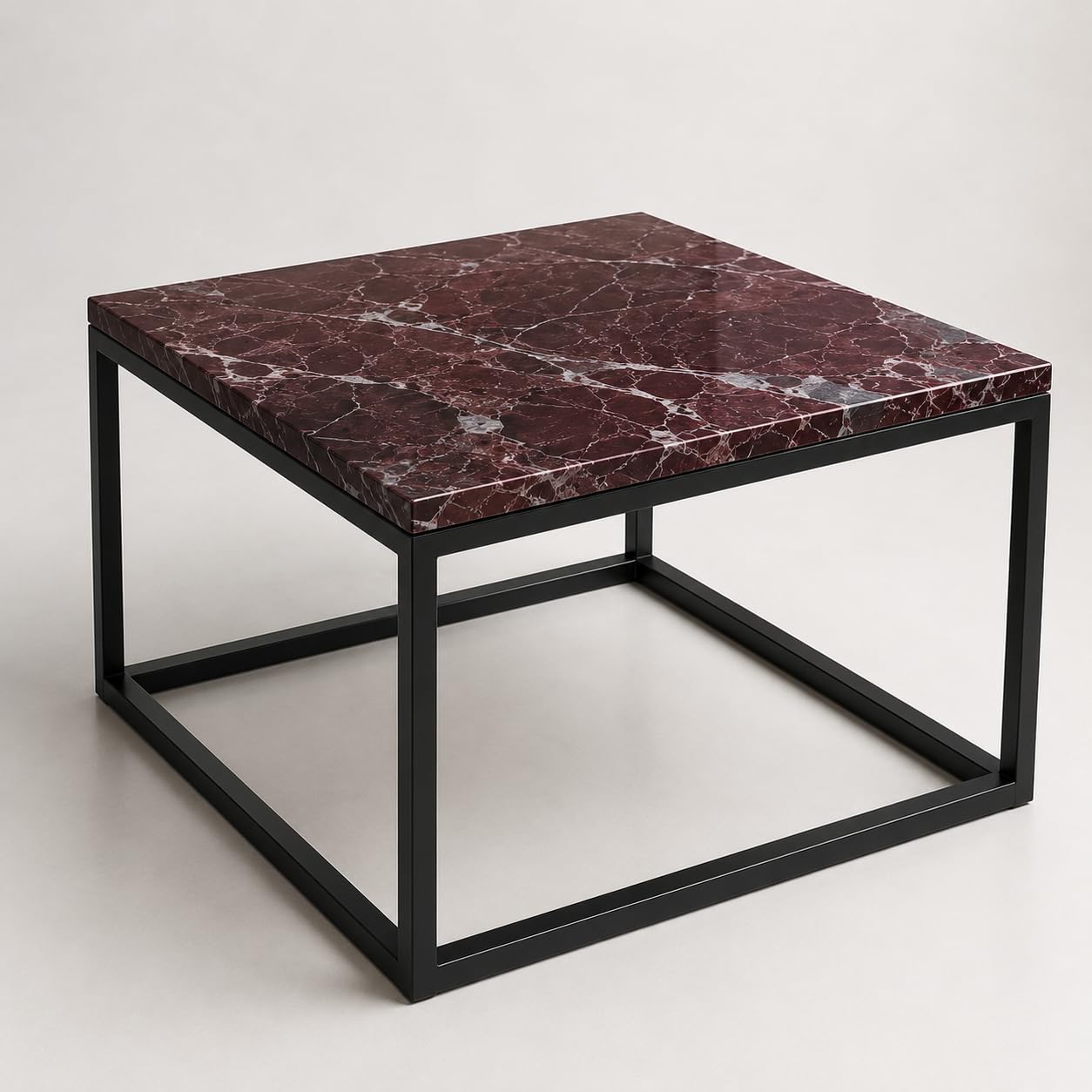 Square Afyon White marble coffee table with black steel frame, 60 cm