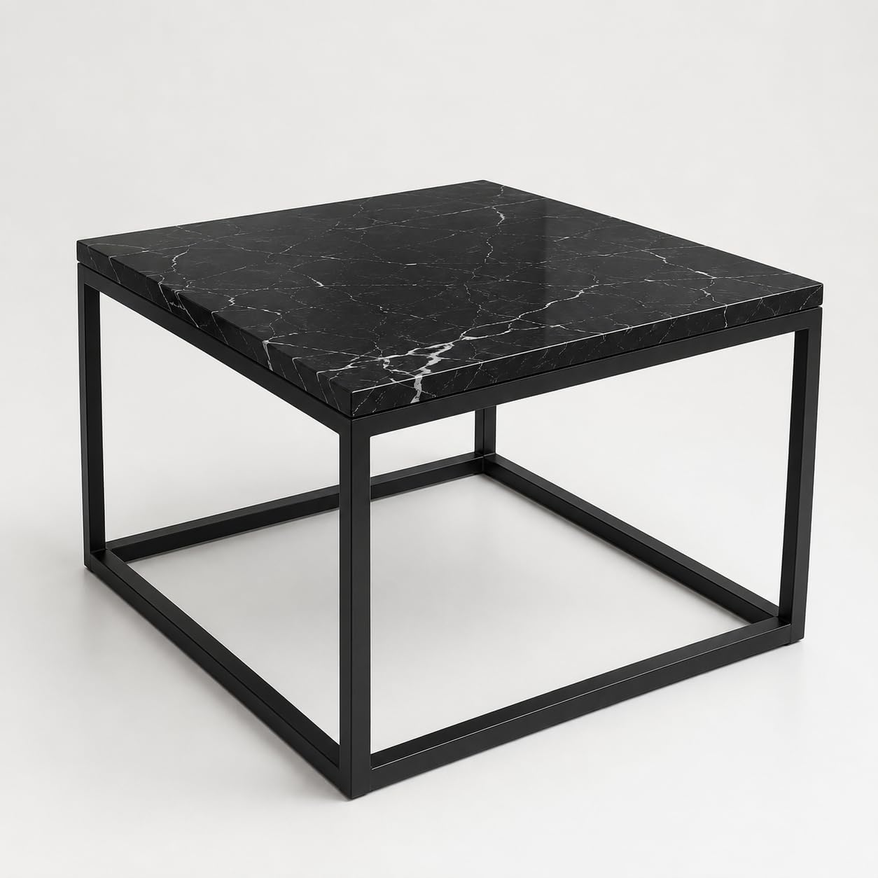 Square Afyon White marble coffee table with black steel frame, 60 cm