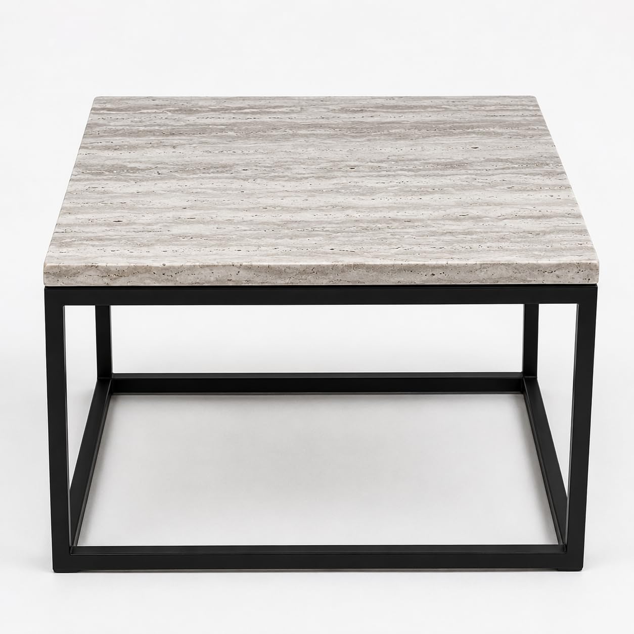 Square Afyon White marble coffee table with black steel frame, 60 cm