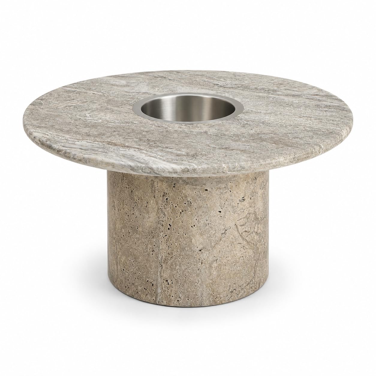 Round Silver Travertine coffee table with integrated ice bucket