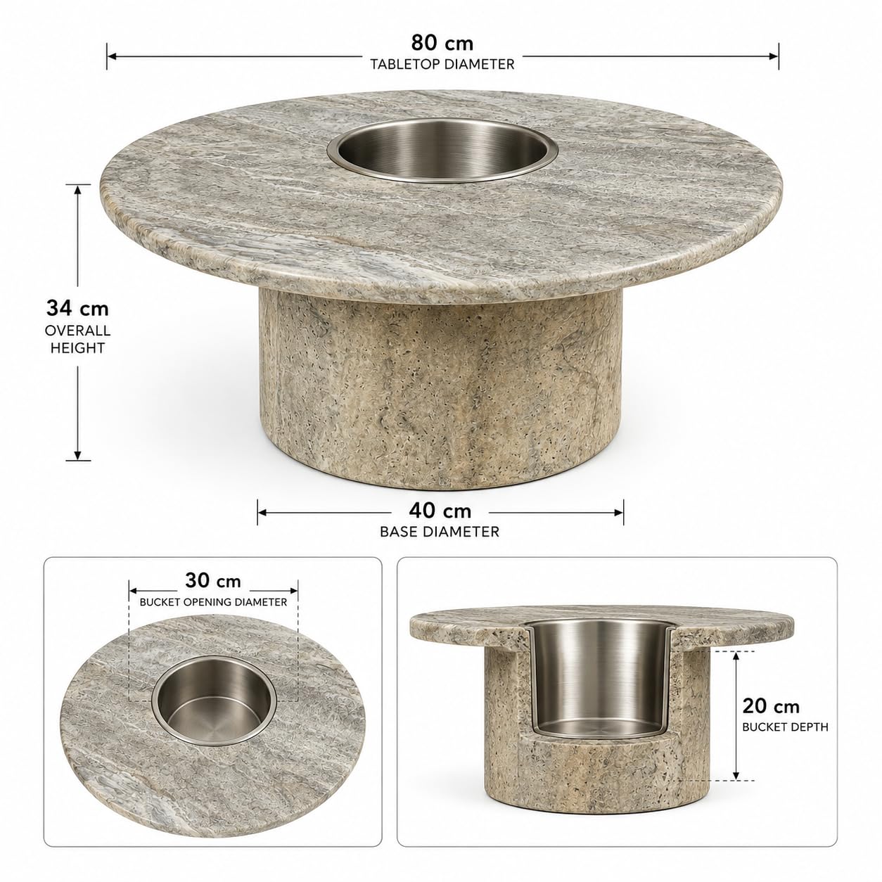 Round Silver Travertine coffee table with integrated ice bucket