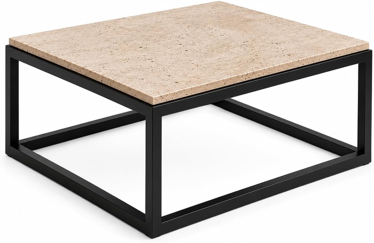 Travertine coffee table with black metal frame