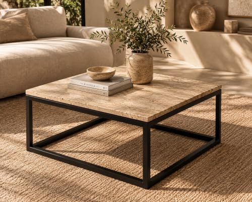 Travertine coffee table with black metal frame