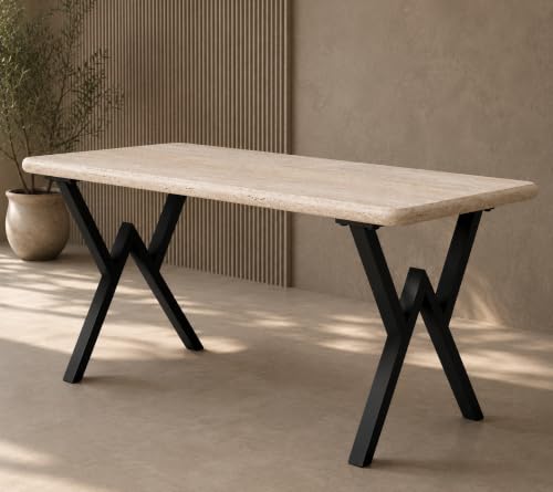 Natural travertine dining table with black metal X-base