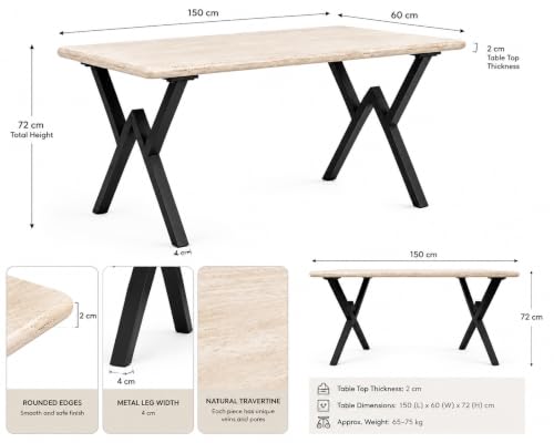 Natural travertine dining table with black metal X-base