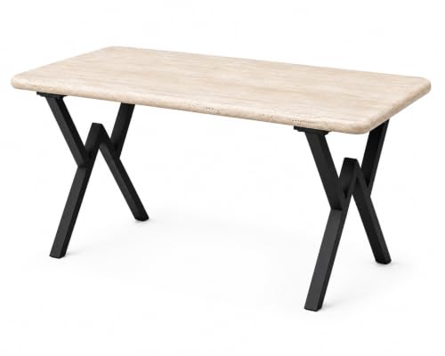 Natural travertine dining table with black metal X-base