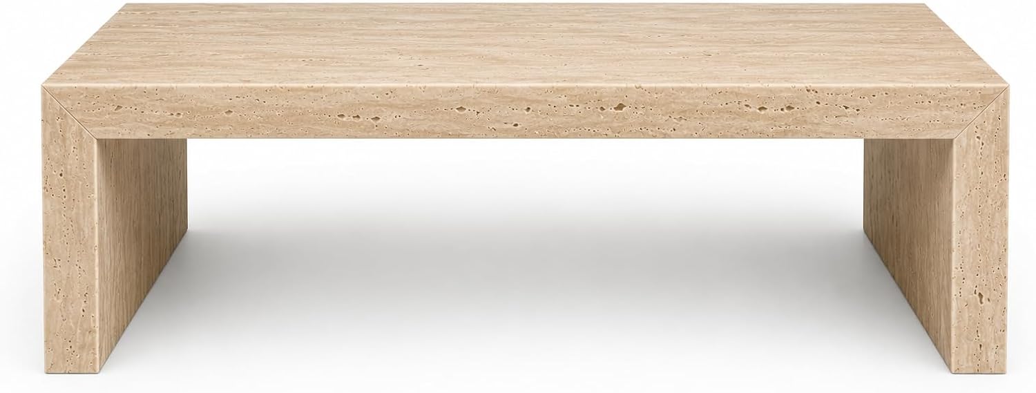 Classic Travertine Waterfall Coffee Table – Handcrafted Natural Stone, 45° Mitered Edge, Honed Finish view 3