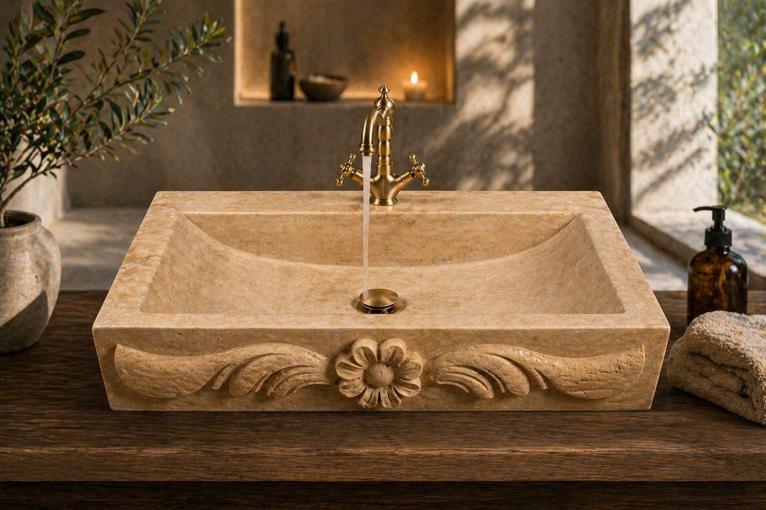Hand Carved Travertine Sink, Natural Stone Bathroom Vanity Basin, Rustic Decor