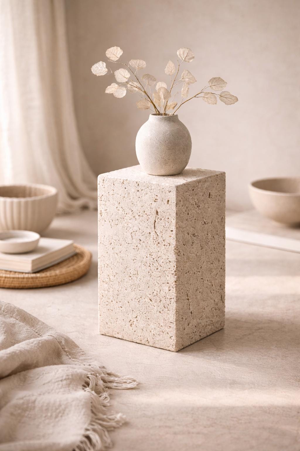 Travertine Pedestal Stand, Natural Beige Stone Decor Block, Organic Modern Styling Piece