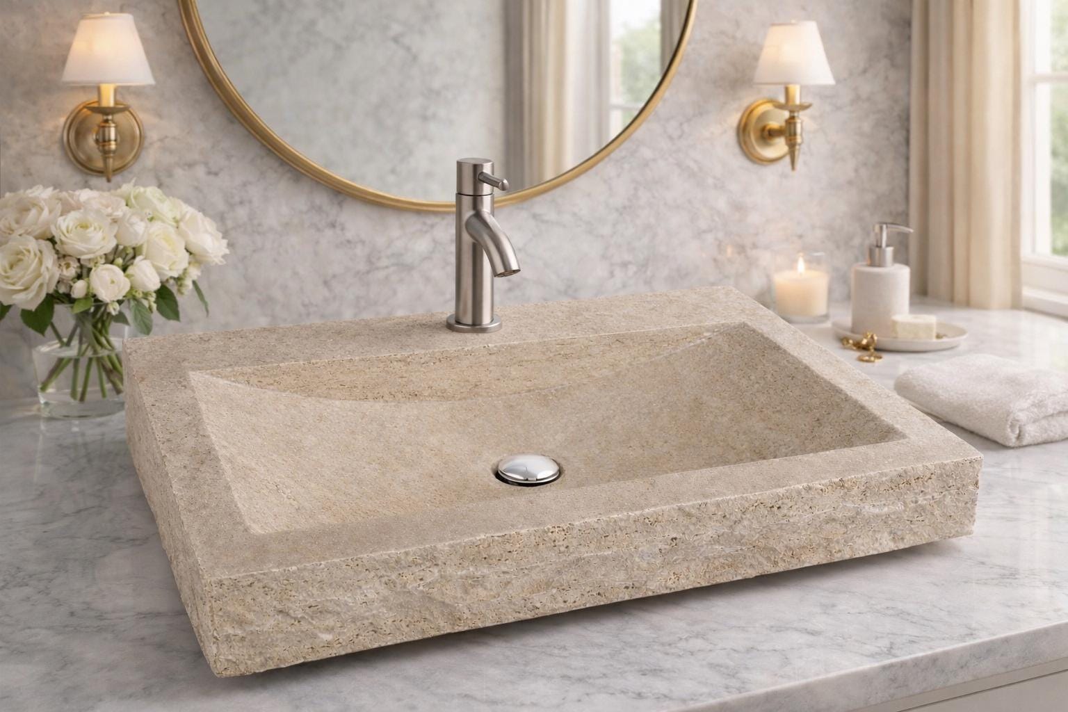 Hand-Carved Travertine Sink – Natural Stone Modern Bathroom Vanity Washbasin