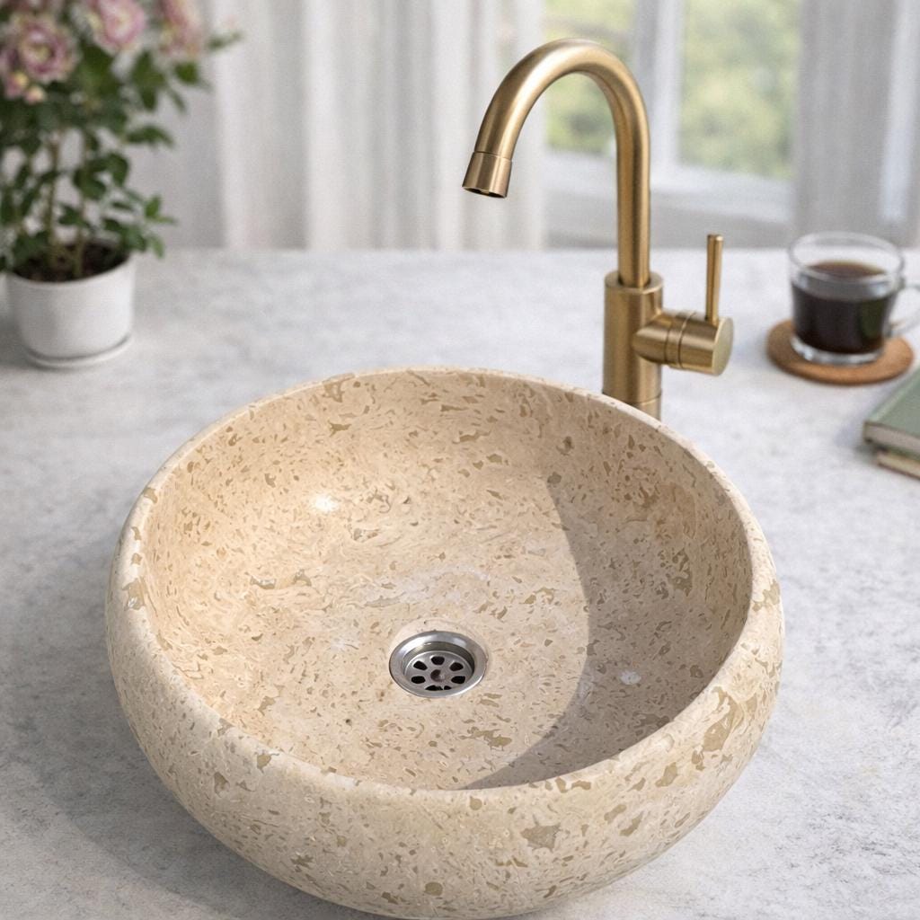 Handcrafted Travertine Vessel Sink – Natural Stone Bathroom Basin (42 cm)