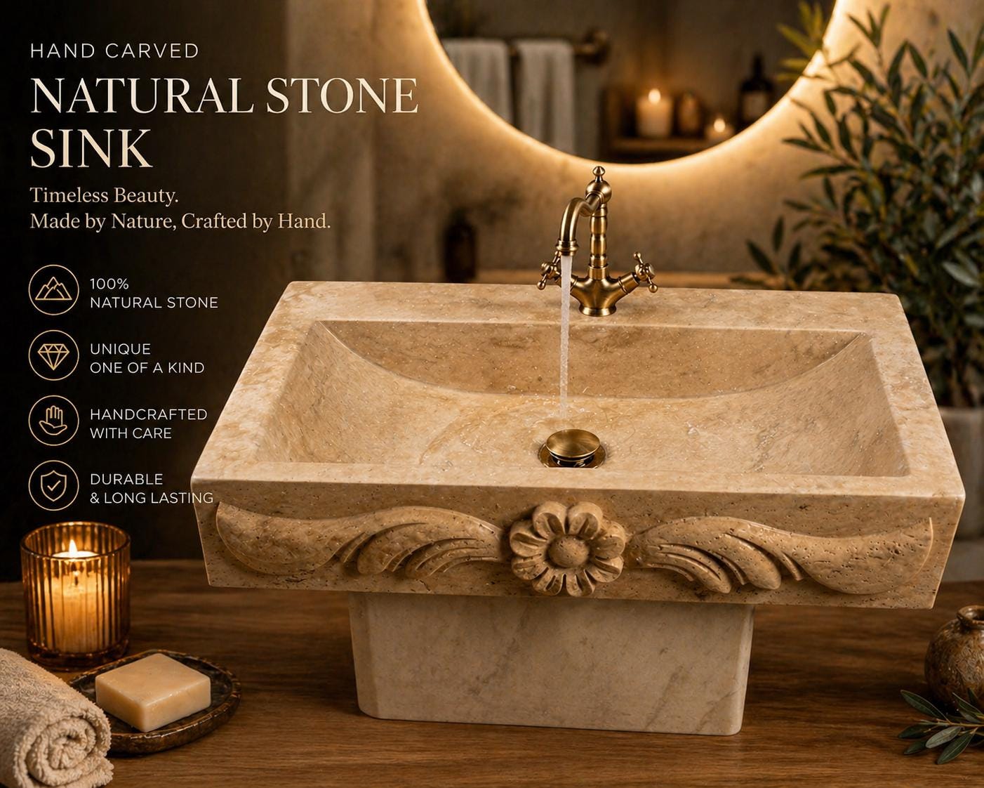 Hand Carved Travertine Sink, Natural Stone Bathroom Vanity Basin, Rustic Decor