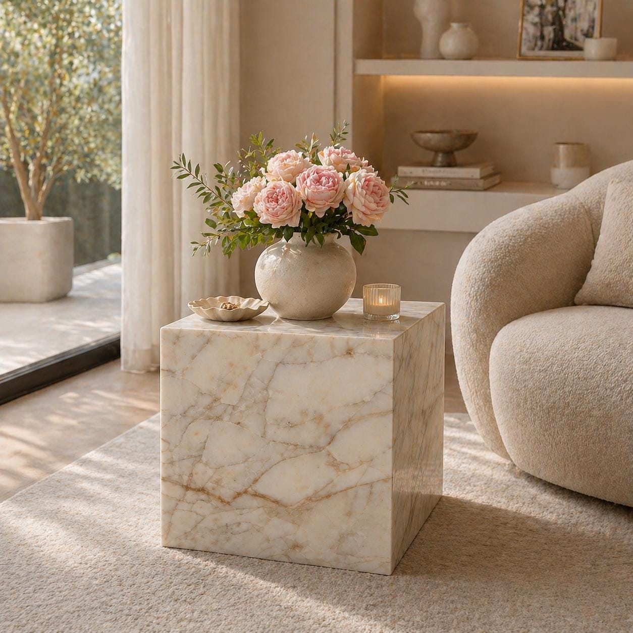 Natural Marble Cube Side Table, Minimalist Pedestal, 40cm Stone Accent, Handmade Decor