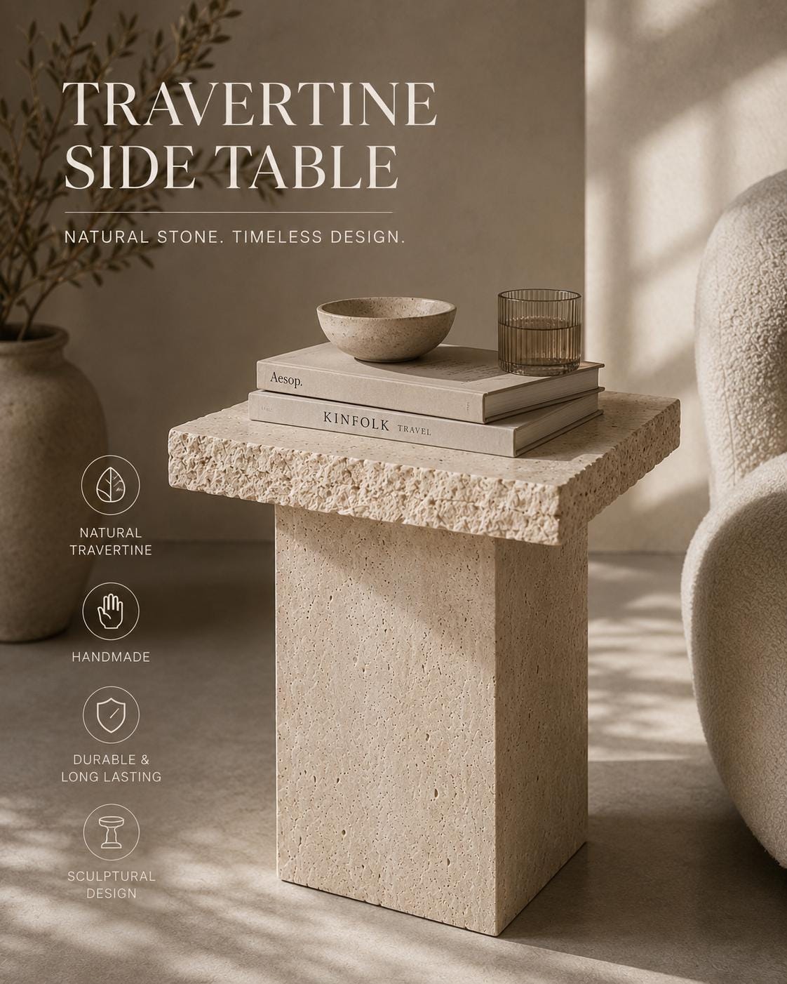 Handmade Travertine Side Table, Natural Stone Sculptural Accent Furniture