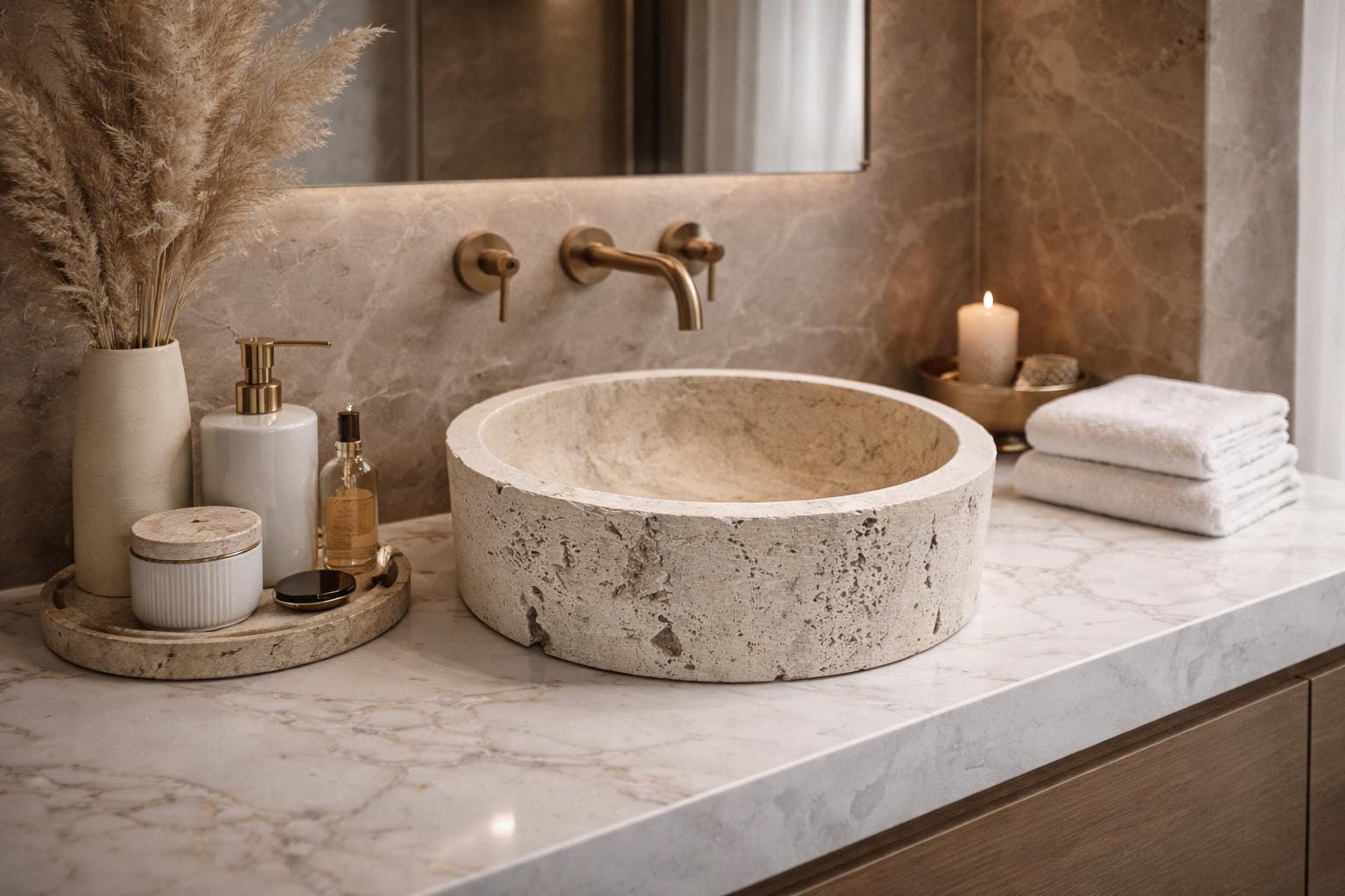 Hand Carved Travertine Vessel Sink – 42cm Natural Stone Bathroom Basin
