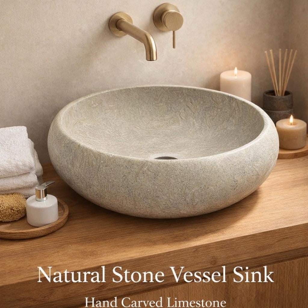 Hand Carved Limestone Vessel Sink – Natural Fossil Texture Bathroom Basin