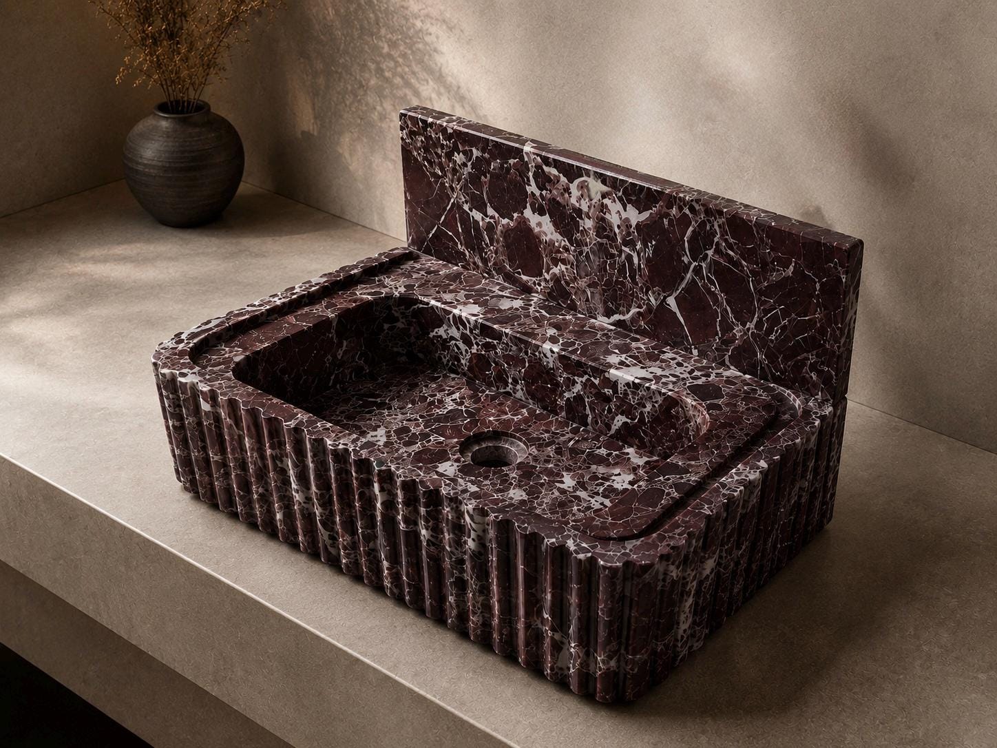 Rosso Levanto Marble Vanity Sink – Fluted Luxury Bathroom Basin – Handmade Natural Stone Sink