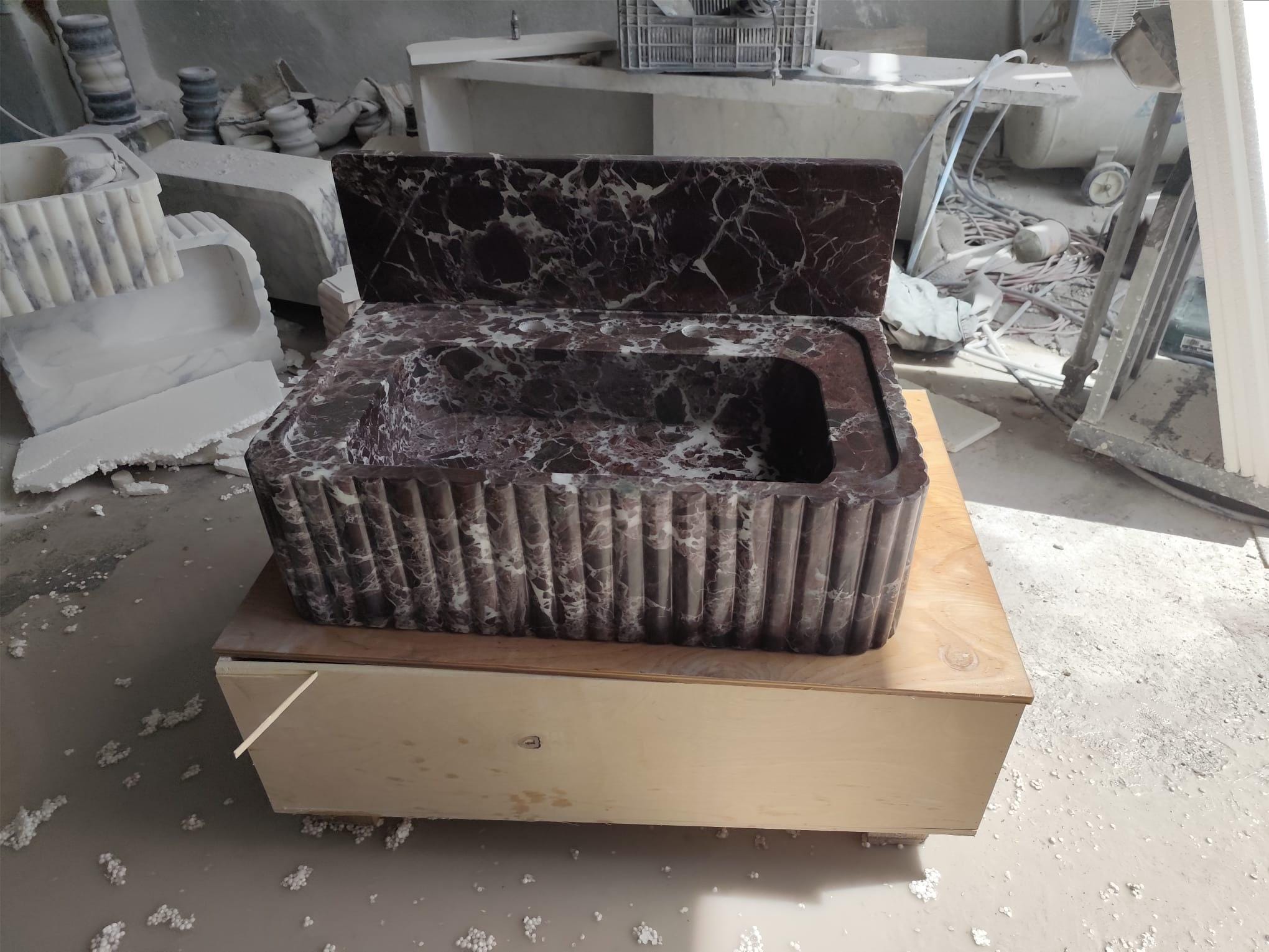 Rosso Levanto Marble Vanity Sink – Fluted Luxury Bathroom Basin – Handmade Natural Stone Sink