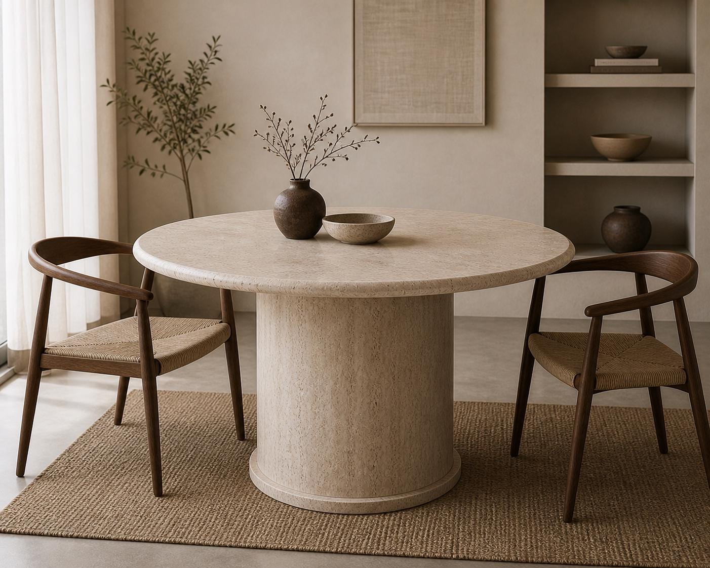 Travertine Round Dining Table, Fluted Pedestal Base, Natural Stone, 100cm