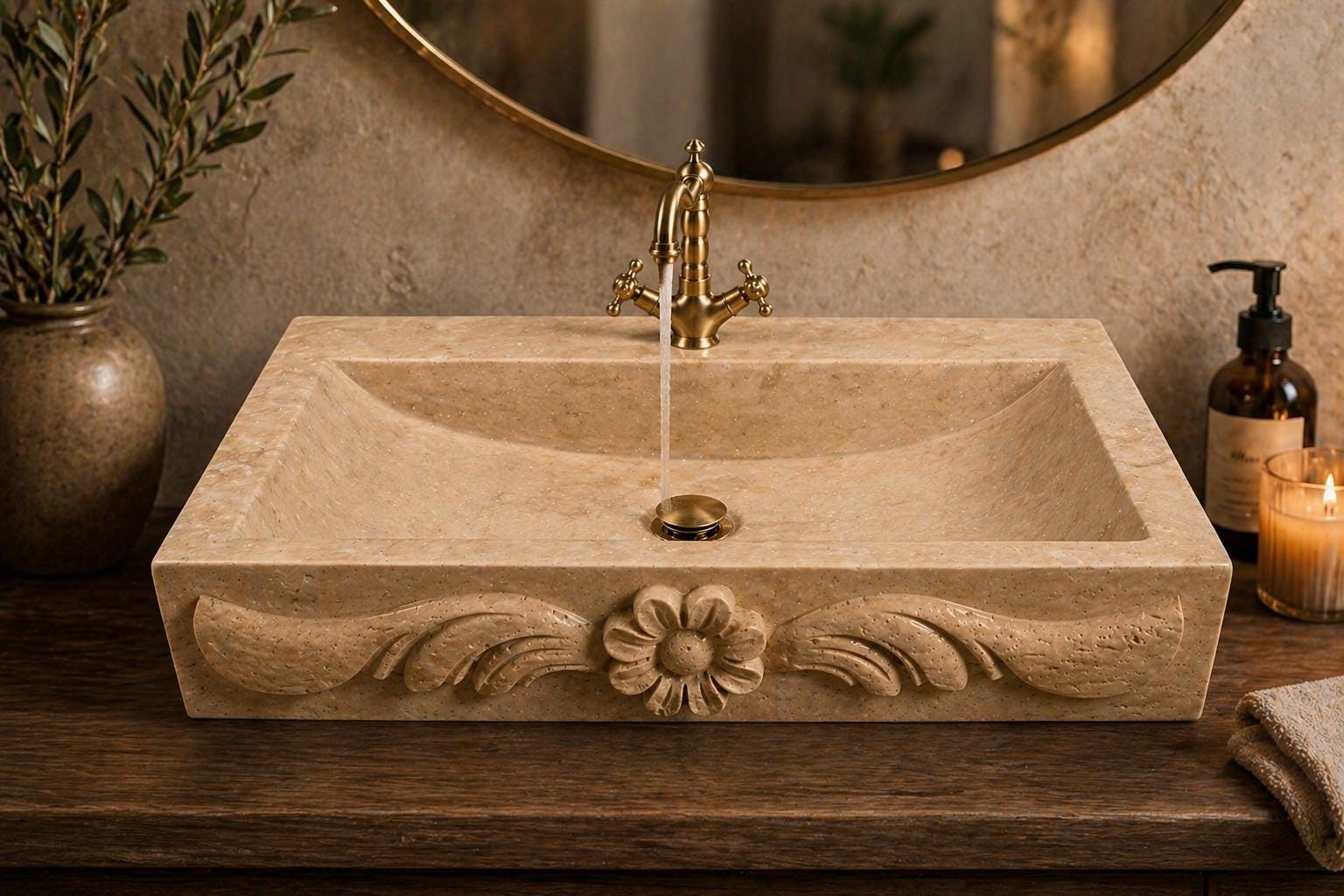 Hand Carved Travertine Sink, Natural Stone Bathroom Vanity Basin, Rustic Decor