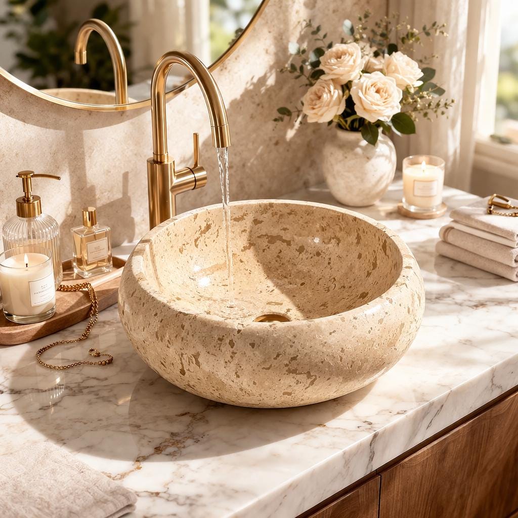 Handcrafted Travertine Vessel Sink – Natural Stone Bathroom Basin (42 cm)