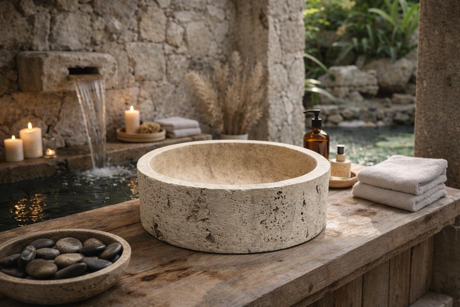 Hand Carved Travertine Vessel Sink – 42cm Natural Stone Bathroom Basin