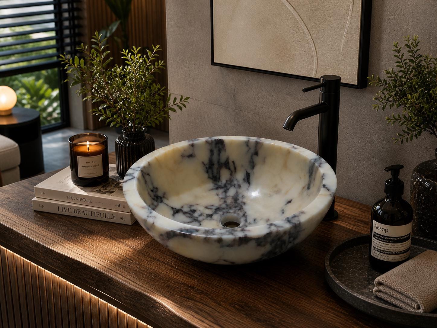 Hand Carved Calacatta Viola Marble Round Vessel Bathroom Sink – Natural Stone Vanity Basin
