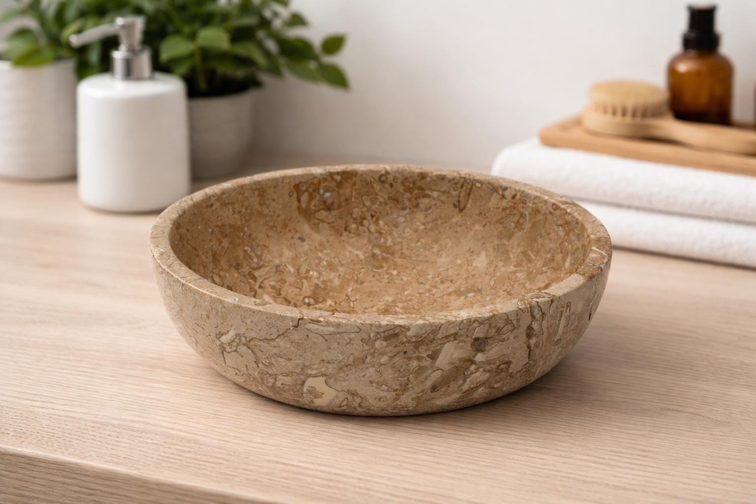 Natural Travertine Stone Bowl: Smoothie, Fruit, Decorative Kitchenware (15cm Diameter)