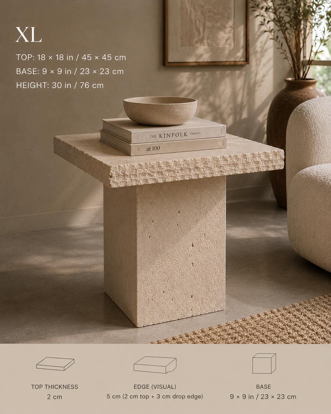 Handmade Travertine Side Table, Natural Stone Sculptural Accent Furniture