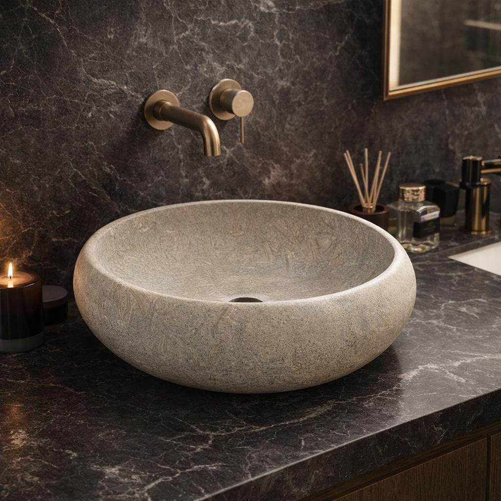 Hand Carved Limestone Vessel Sink – Natural Fossil Texture Bathroom Basin
