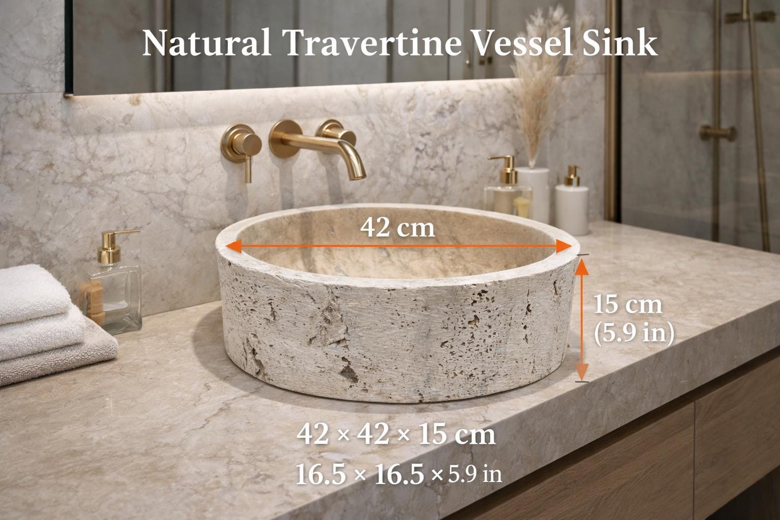 Hand Carved Travertine Vessel Sink – 42cm Natural Stone Bathroom Basin