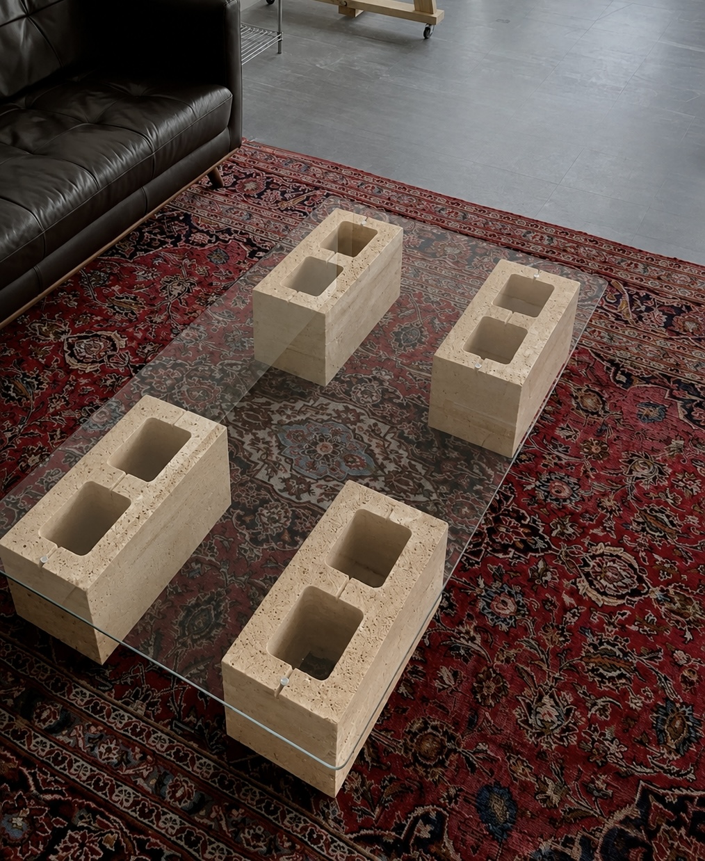 DIY modular travertine coffee table with glass top